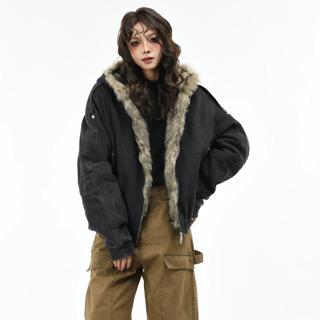 OV original American retro silhouette washed denim cotton jacket for women, winter seat mountain carving thick hooded cotton jacket for men