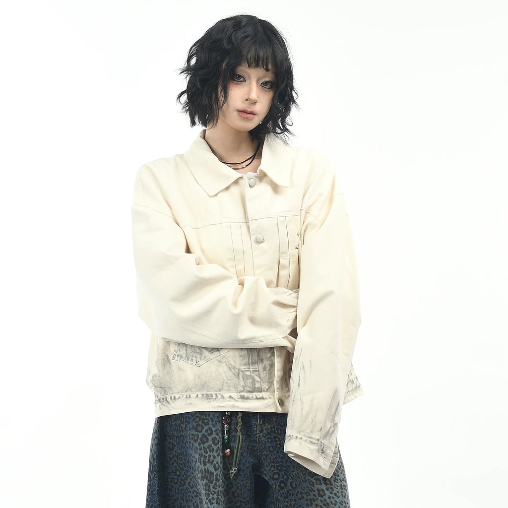 OV原创美式复古人物印花做旧脏染工装外套男女秋季宽松休闲夹克潮
