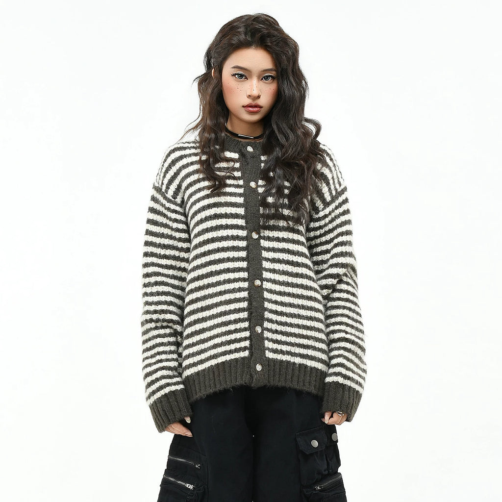 OV original retro striped contrasting lazy knit sweater, men's and women's autumn loose short button cardigan jacket