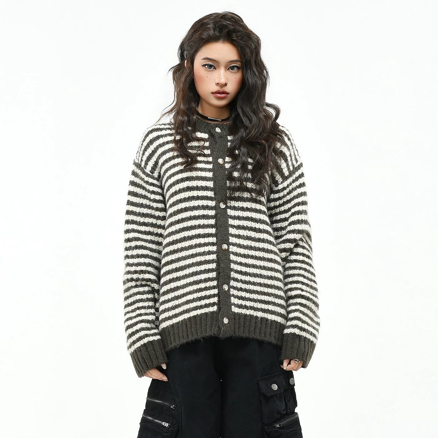 OV original retro striped contrasting lazy knit sweater, men's and women's autumn loose short button cardigan jacket