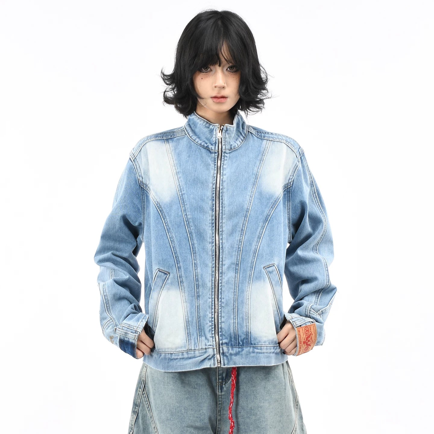 OV Original American Deconstruction Splicing Water Washed Cowboy Jacket for Women's Street Loose Pocket Inverted Design Autumn Jacket