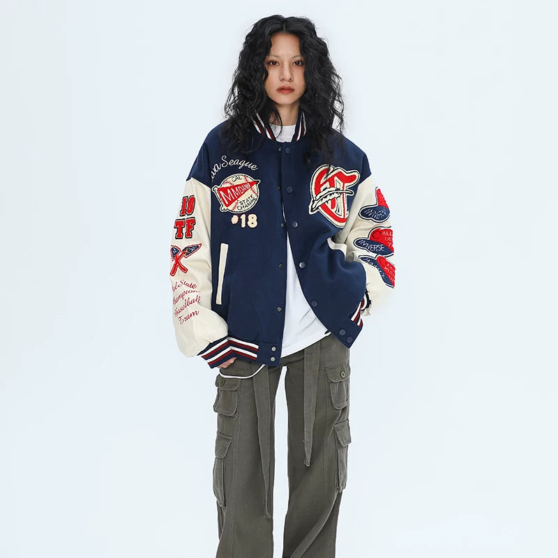 OV Original Winter High Street Retro Plush Embroidered Baseball Jacket with Cotton Jacket for Men and Women Hip Hop Loose Thick Cotton Jacket