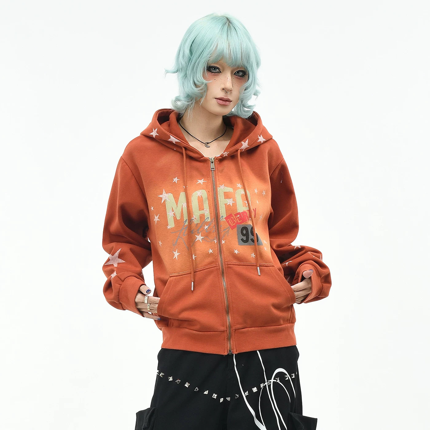 OV original retro star graffiti gradient tie dye hooded sweatshirt for men and women autumn loose short cardigan jacket trendy