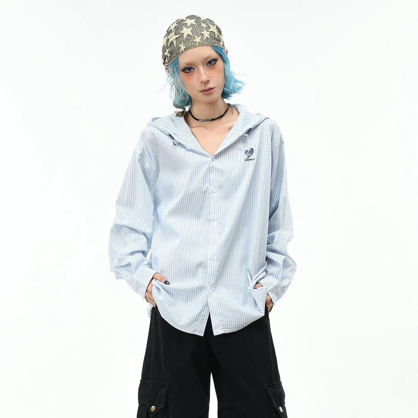 OV original college style vertical striped hooded long sleeved shirt for men and women in autumn, loose and versatile casual couple shirt trend