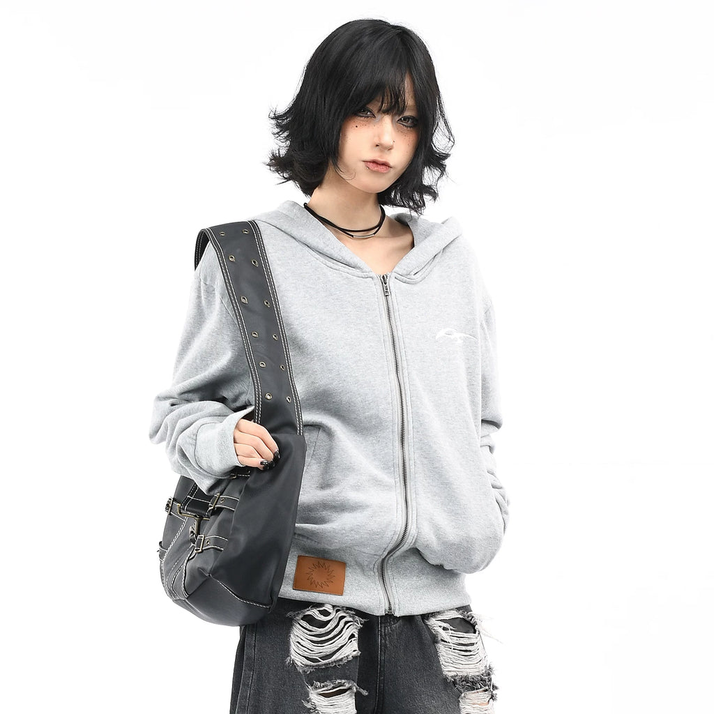 OV original American vintage washed widened thread short hooded sweatshirt for women in autumn, slimming down and waist cinching cardigan jacket