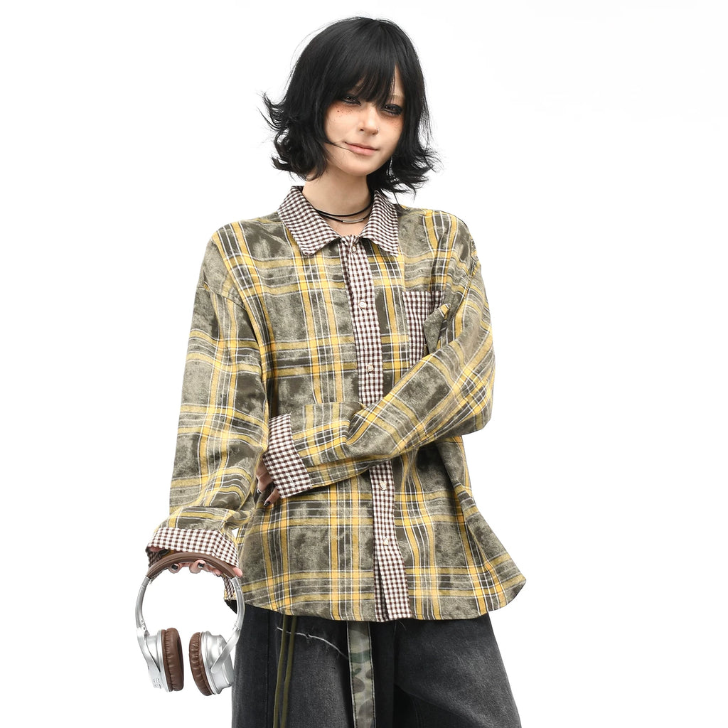 OV原创美式复古格纹拼接情侣长袖衬衫男女秋季街头宽松休闲衬衣潮