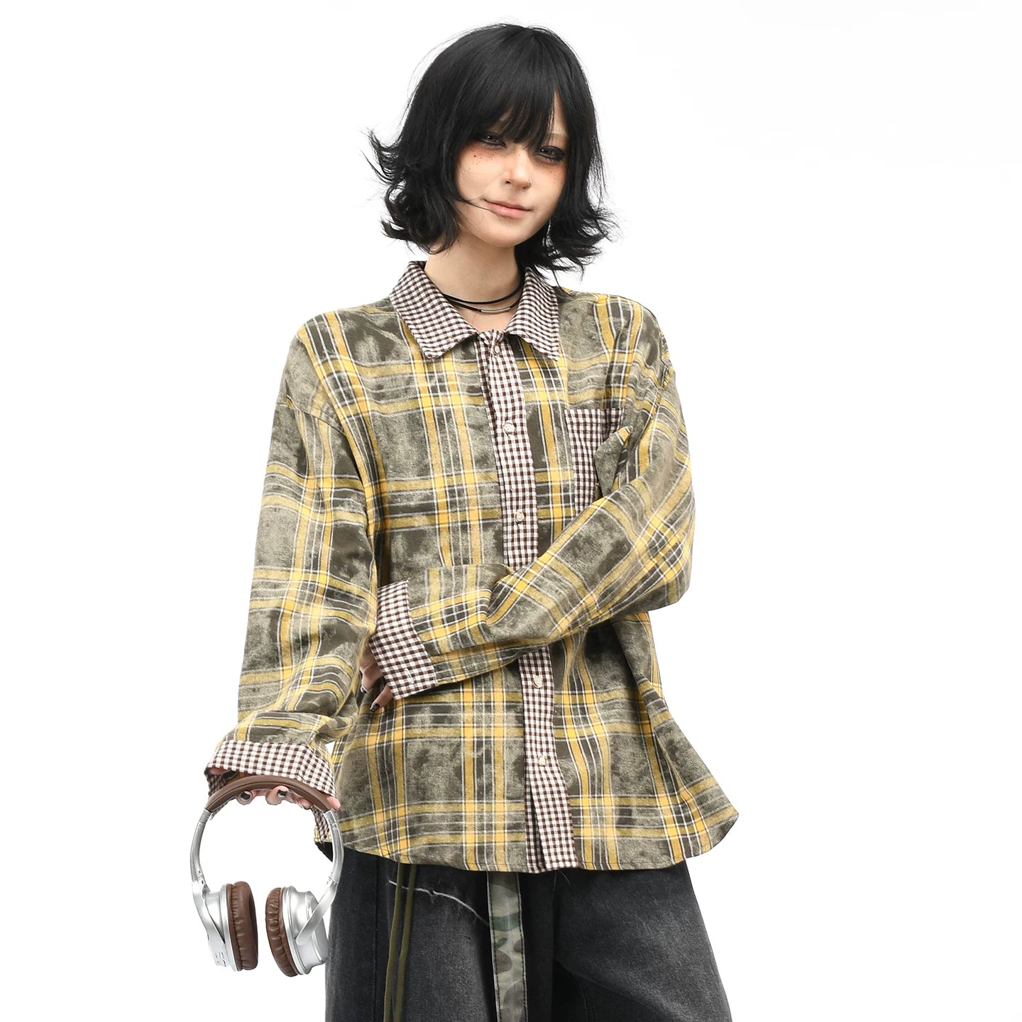 OV原创美式复古格纹拼接情侣长袖衬衫男女秋季街头宽松休闲衬衣潮