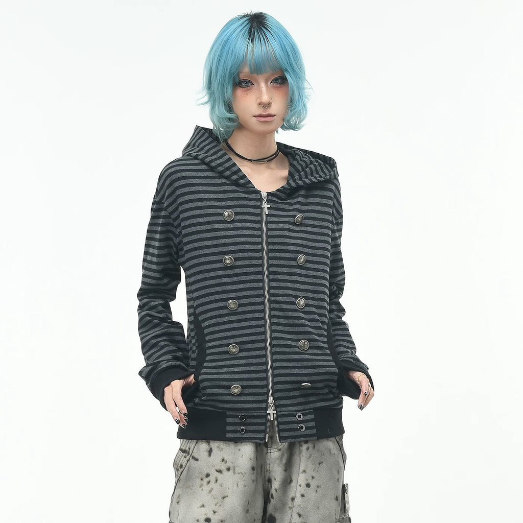 OV original subculture double breasted design striped hooded sweatshirt women's autumn slim fit short zipper cardigan jacket