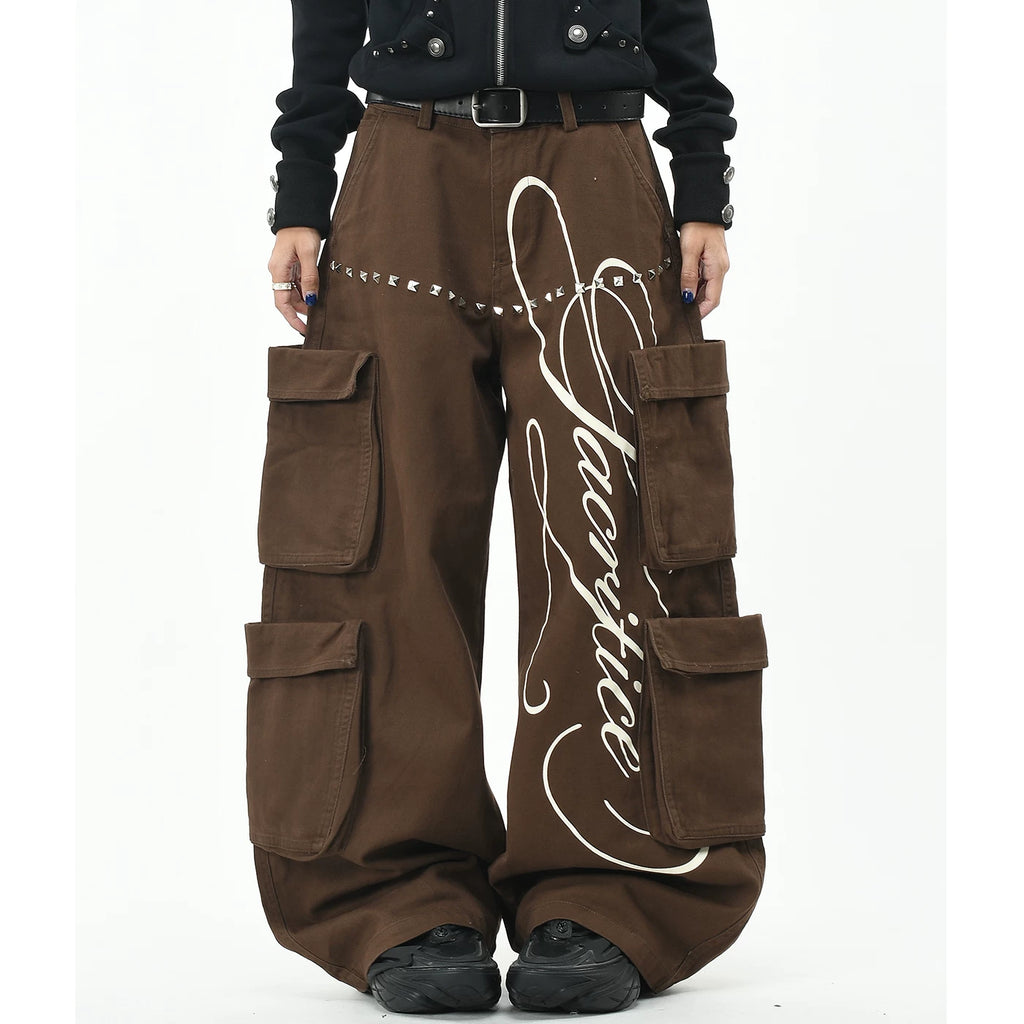 OV Original American Shaped Riveted Multi Pocket Work Pants for Men and Women, Street Loose Wide Leg Trendy Brand Casual Long Pants