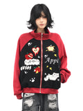 OV Original American Fun Cat Towel Embroidery Cardigan Sweatshirt Men's and Women's Autumn Color Contrasting Loose Casual Coat Trendy