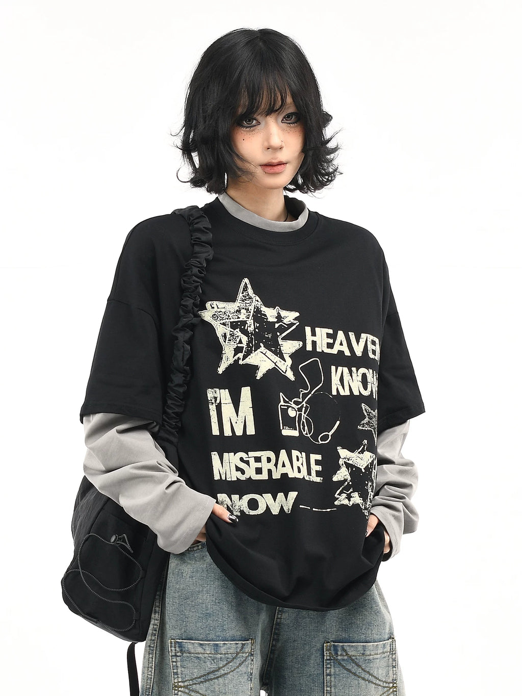 OV original/American retro fake two-piece contrasting splicing long sleeved T-shirt for men and women autumn street loose couple top