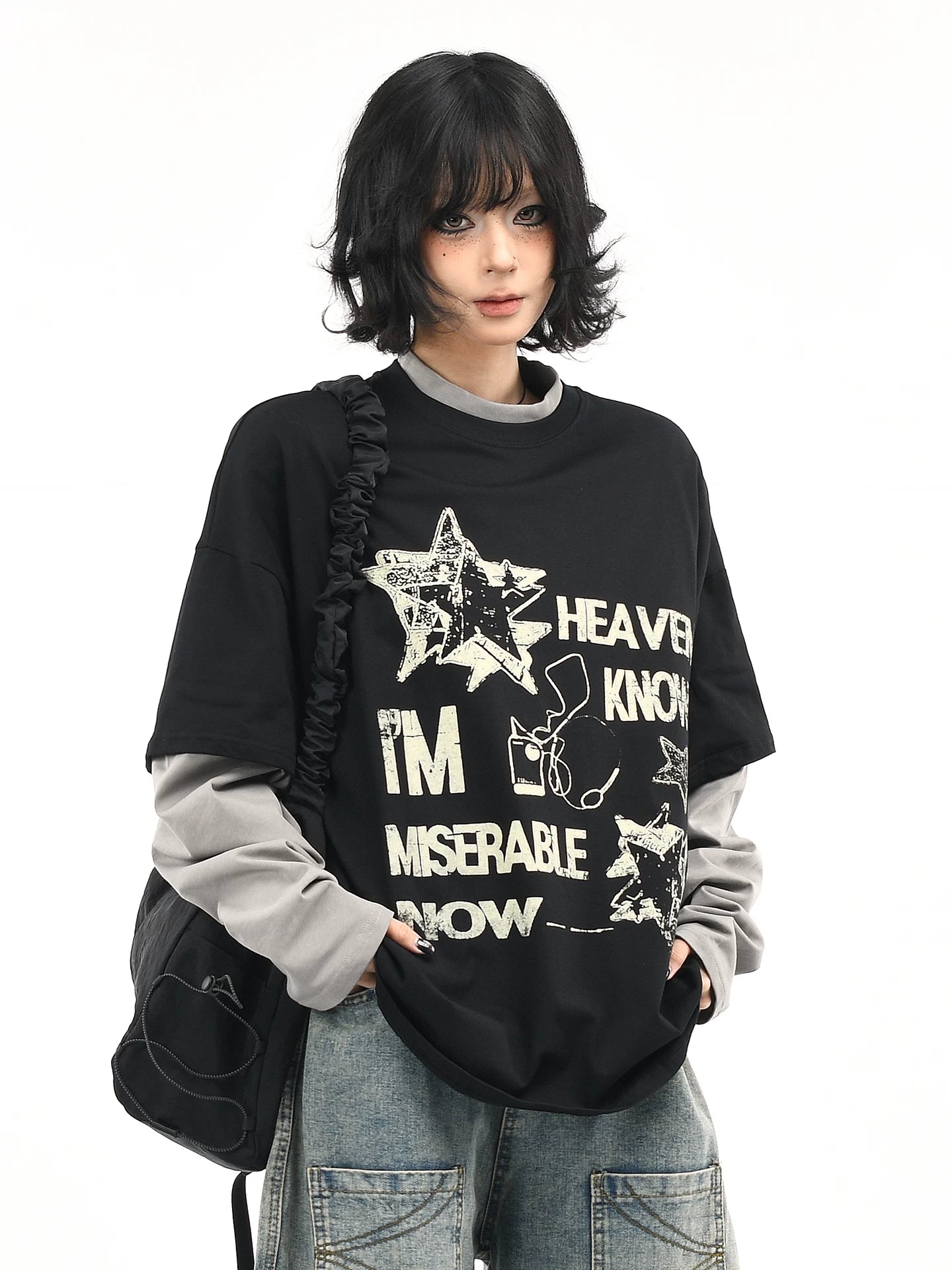 OV original/American retro fake two-piece contrasting splicing long sleeved T-shirt for men and women autumn street loose couple top