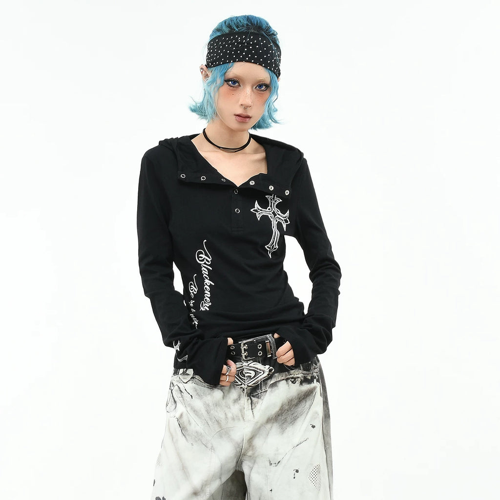 OV original/subculture Henry collar hooded long sleeved T-shirt for women's autumn slim fit short cross print top trend