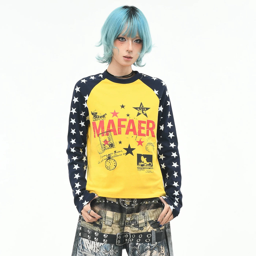 OV Original/American Trendy Brand Star Full Print Color Contrasting Long sleeved T-shirt for Women in Autumn, Slim fit Short, Cudgelet Top Trendy