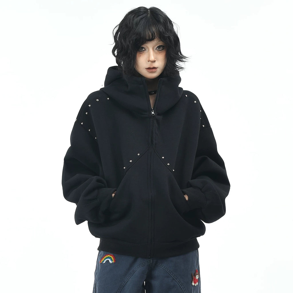 OV original American dog ear design hooded sweatshirt for men and women, autumn loose rivet splicing couple cardigan jacket