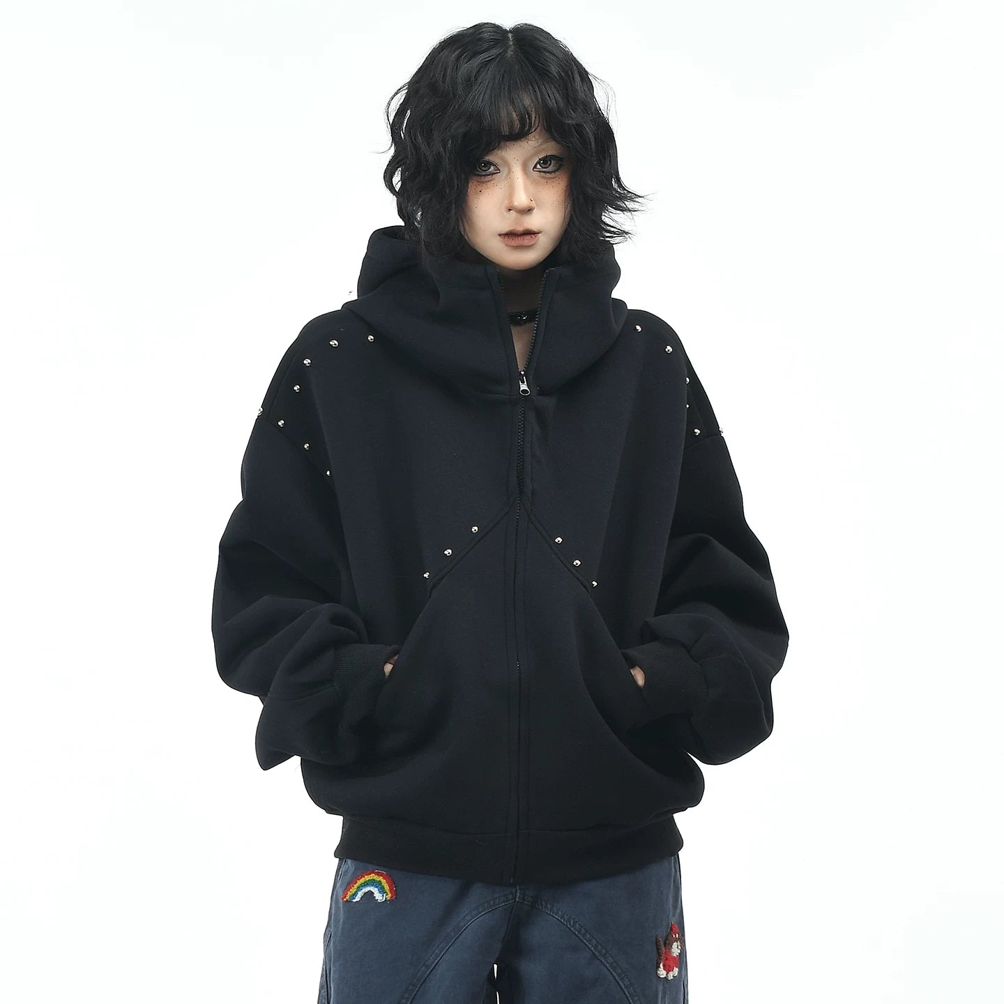 OV original American dog ear design hooded sweatshirt for men and women, autumn loose rivet splicing couple cardigan jacket