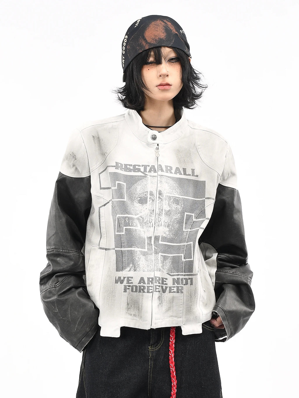OV original American retro skull print motorcycle racing jacket for women, autumn short style, cool and dirty dyed jacket for men
