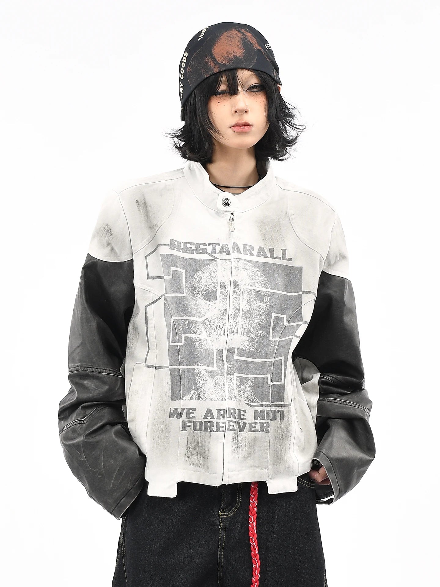 OV original American retro skull print motorcycle racing jacket for women, autumn short style, cool and dirty dyed jacket for men