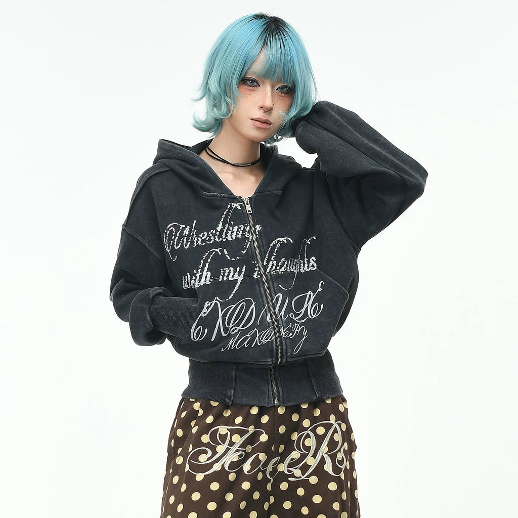 OV Original Retro Hot Diamond Widening Thread Waist Hoodie Women's Autumn Loose Short cardigan Show Thin Coat