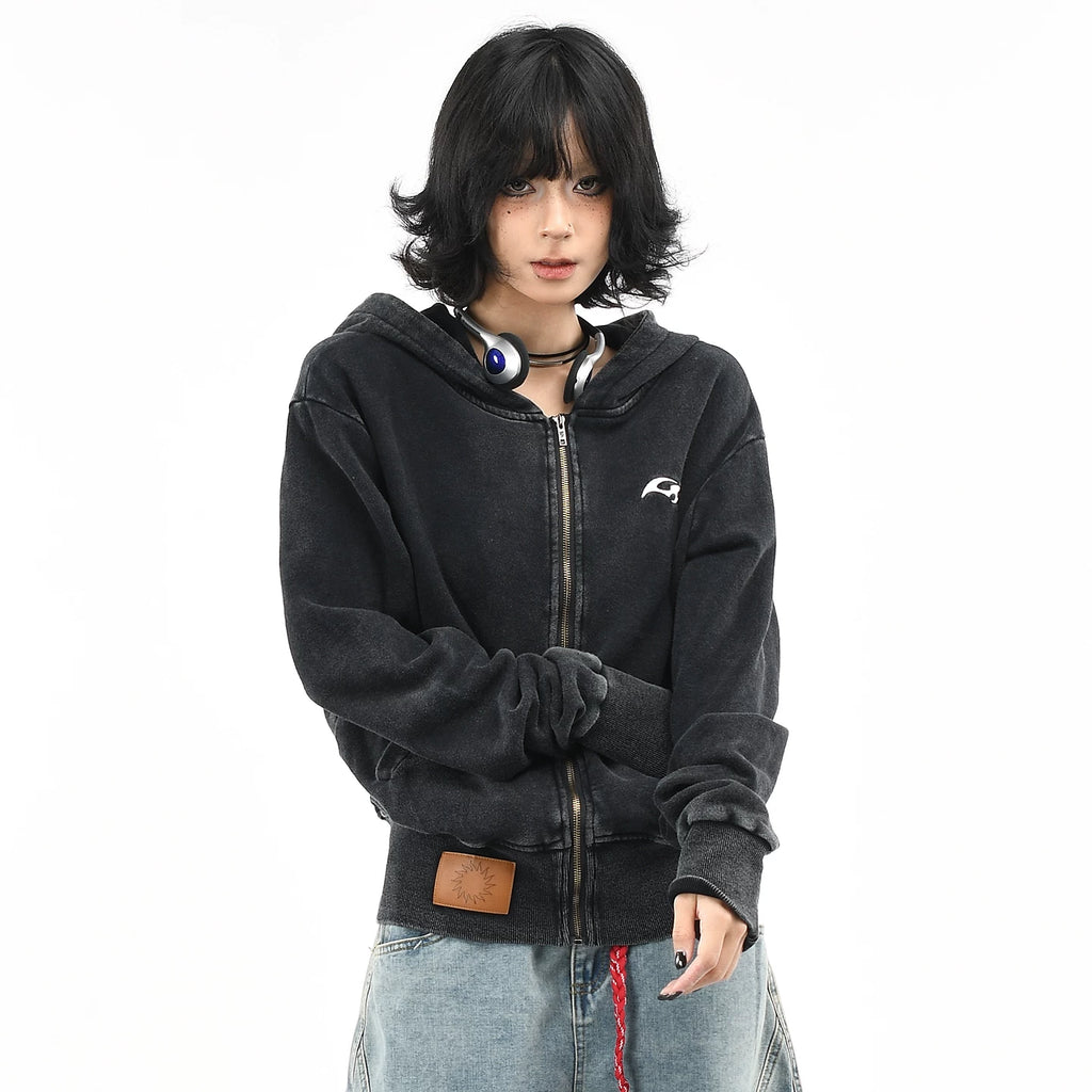 OV original American vintage washed widened thread short hooded sweatshirt for women in autumn, slimming down and waist cinching cardigan jacket