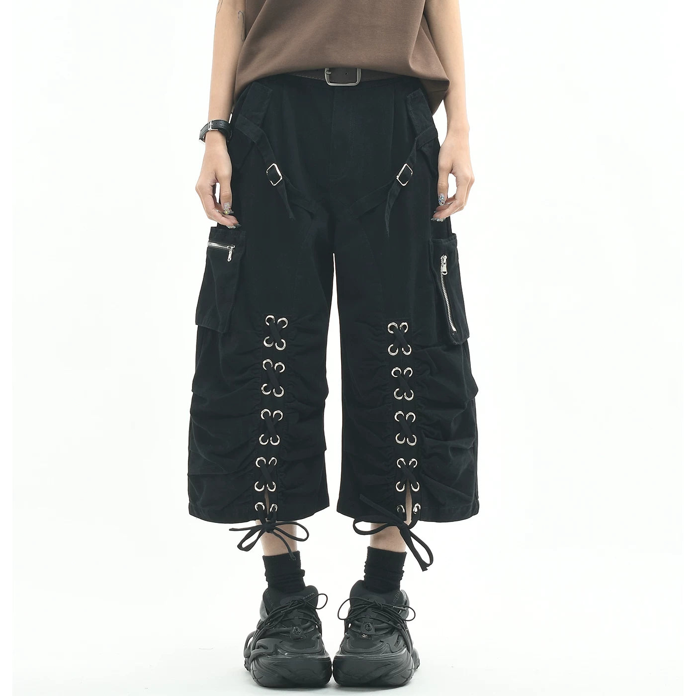 OV original American functional deconstruction strap casual cropped pants for men and women summer loose multi pocket workwear shorts trend