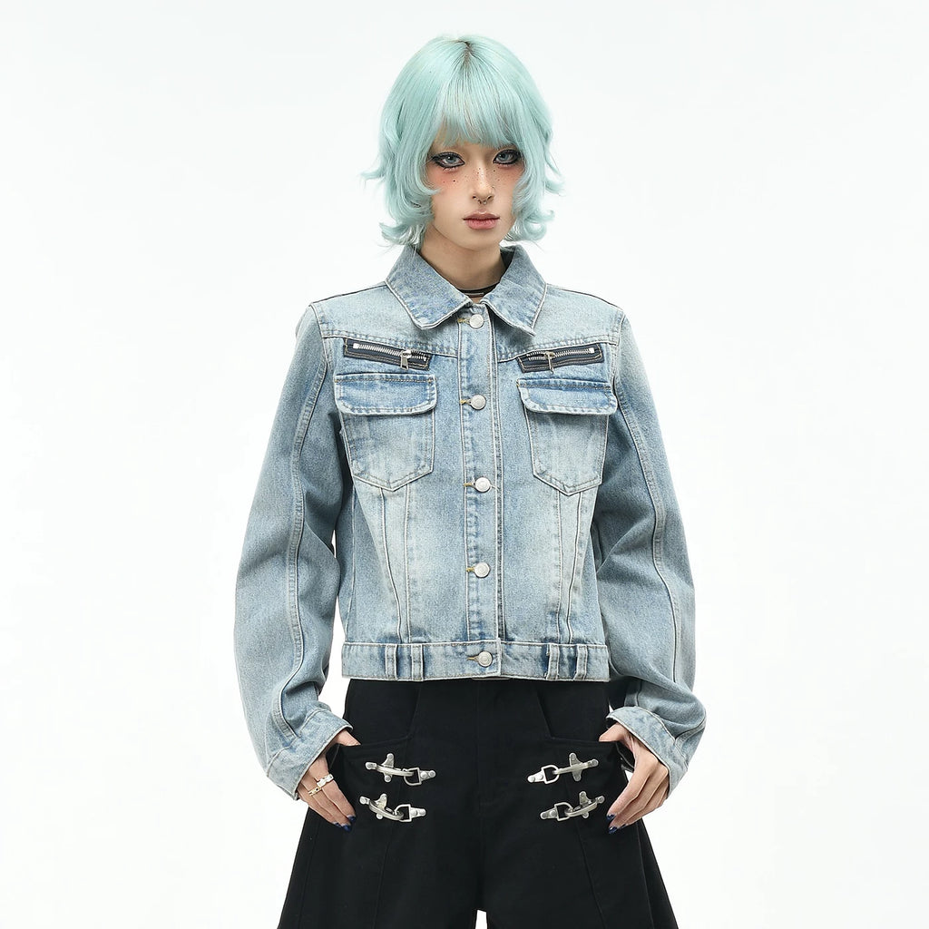 OV original American retro multi pocket workwear denim jacket for women, autumn slim fit short style, vintage lapel jacket trend
