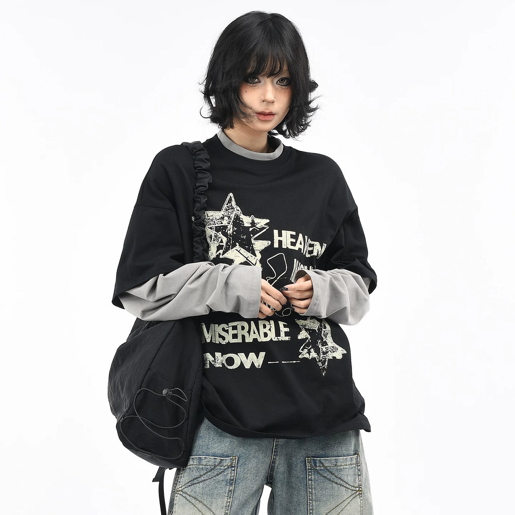 OV original/American retro fake two-piece contrasting splicing long sleeved T-shirt for men and women autumn street loose couple top