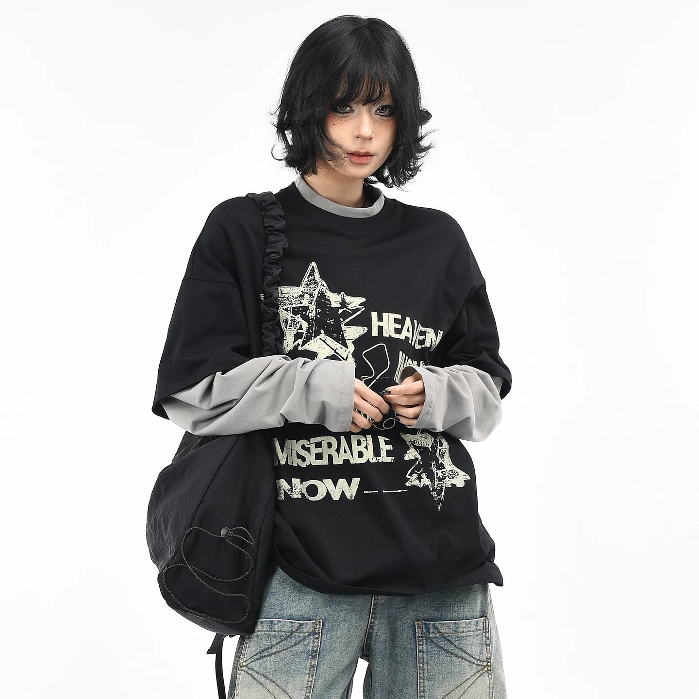 OV original/American retro fake two-piece contrasting splicing long sleeved T-shirt for men and women autumn street loose couple top