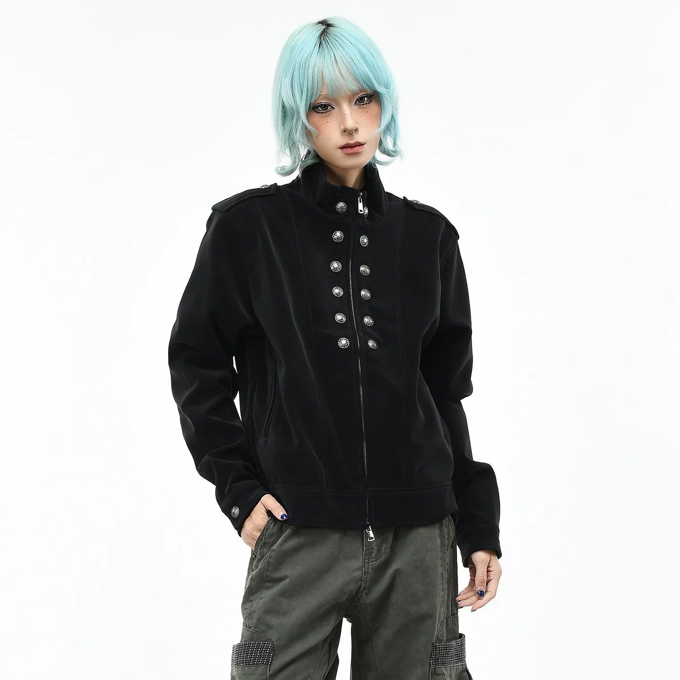 OV original retro Baroque style buckle design PU leather jacket for men and women autumn loose short standing collar jacket jacket
