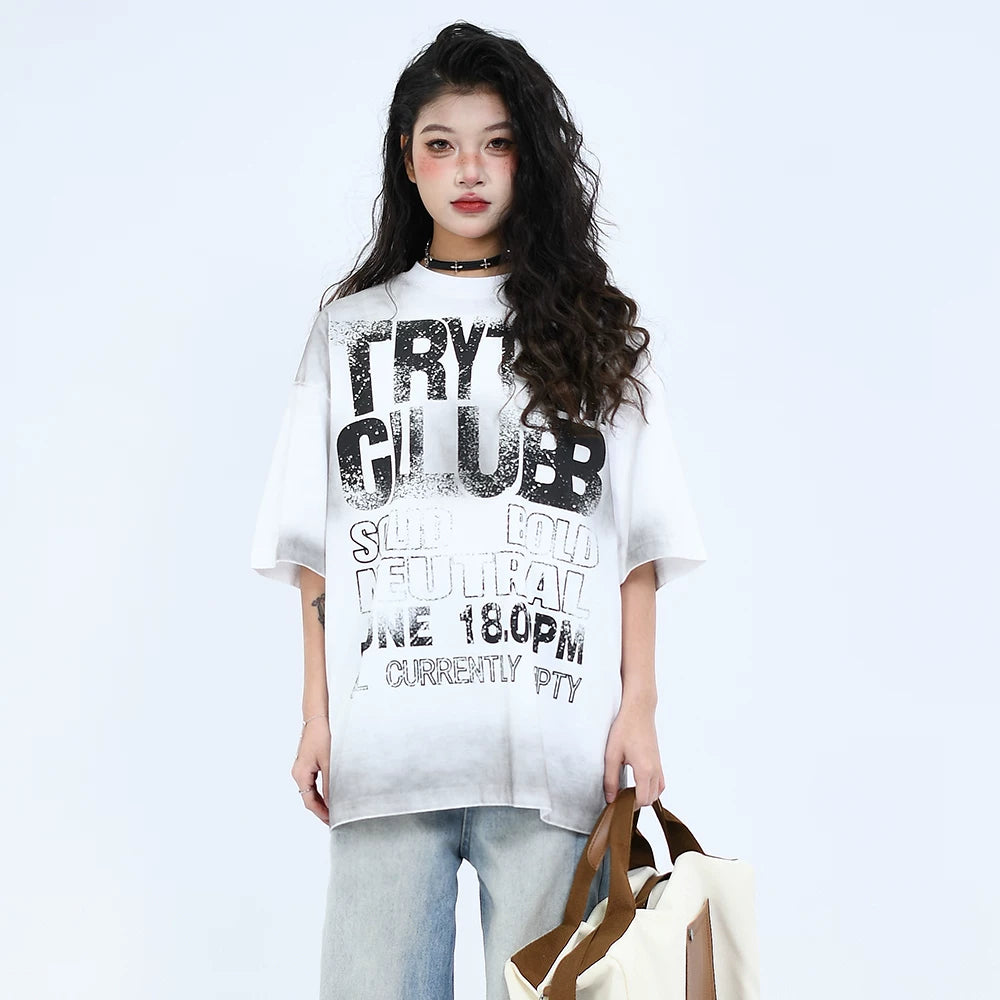 OV Original/Summer American Retro Letter Tie Dyeing for Old Wash Short Sleeve T-shirt for Men and Women Loose Half Sleeve Top Trendy