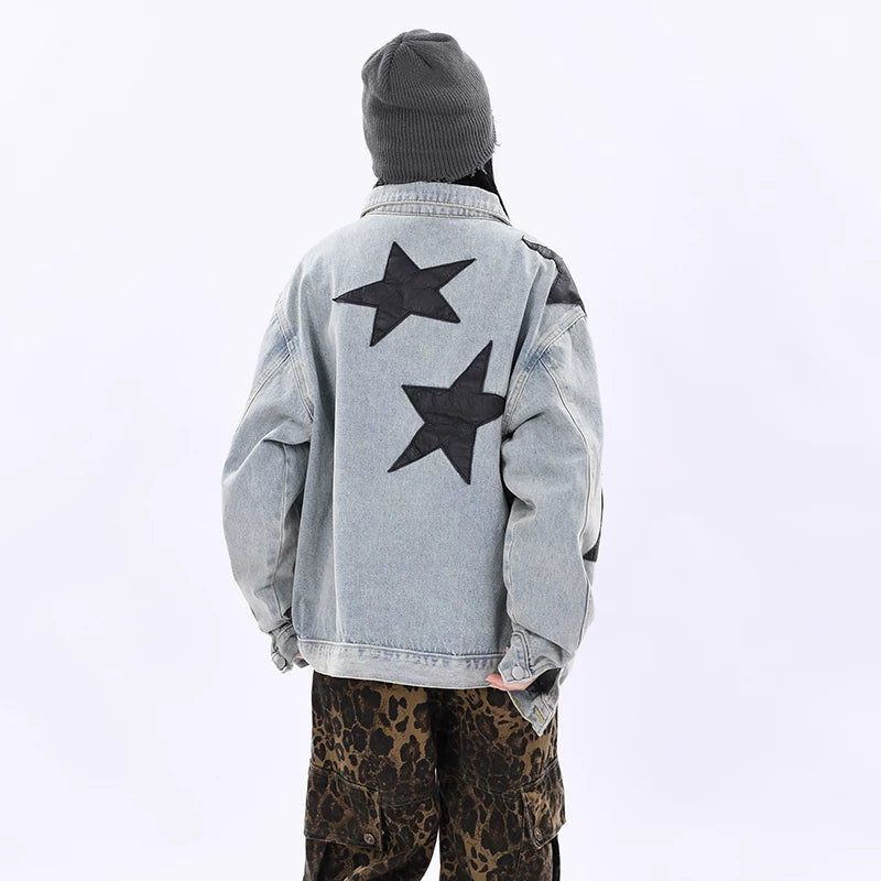 OV Original Spring and Autumn High Street Retro Star Patch Embroidered Vintage Washed Cowboy Jacket Men's and Women's Loose Jacket Trendy