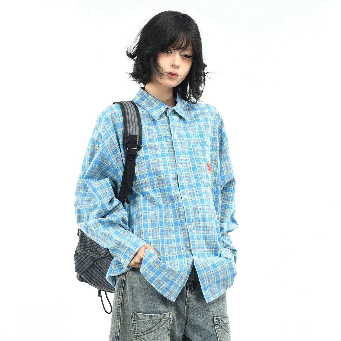 OV original American retro embroidered blue checkered shirt for men and women autumn street loose casual long sleeved shirt trend
