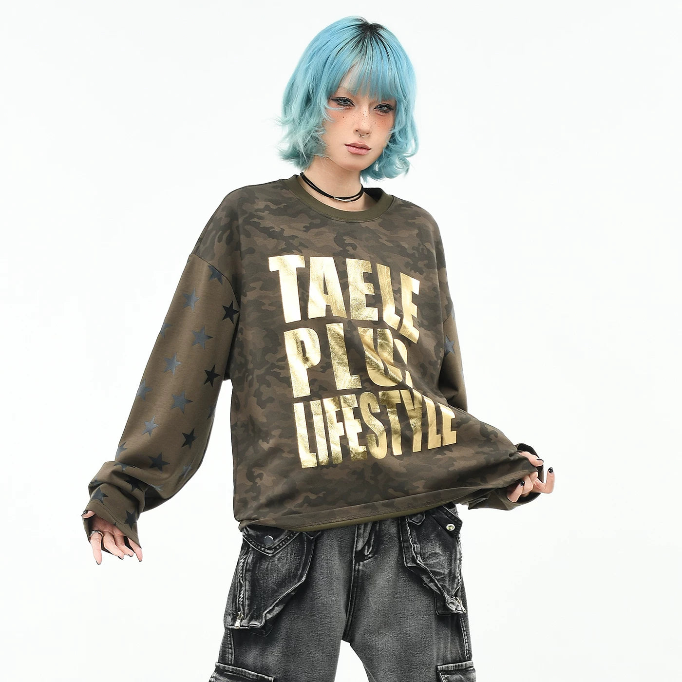 OV Original/American Retro Camouflage Hot Stamped Letter Long Sleeve T-shirt for Men and Women Autumn Trendy Brand Loose Shoulder Top Trendy