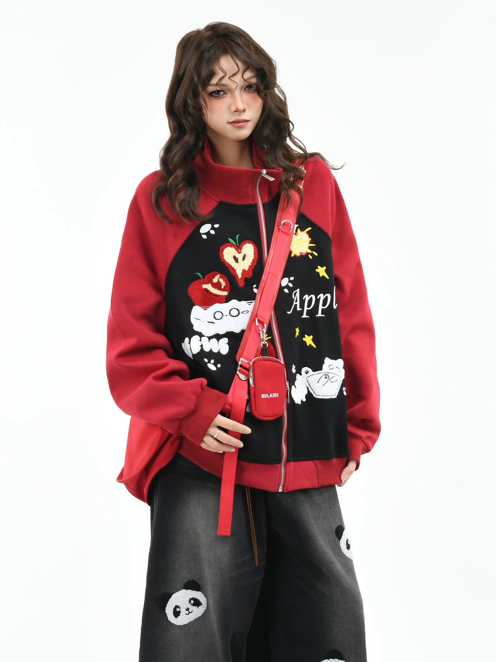OV original fun cartoon towel embroidery cardigan zipper sweatshirt women's autumn contrasting color couple loose stand up collar jacket