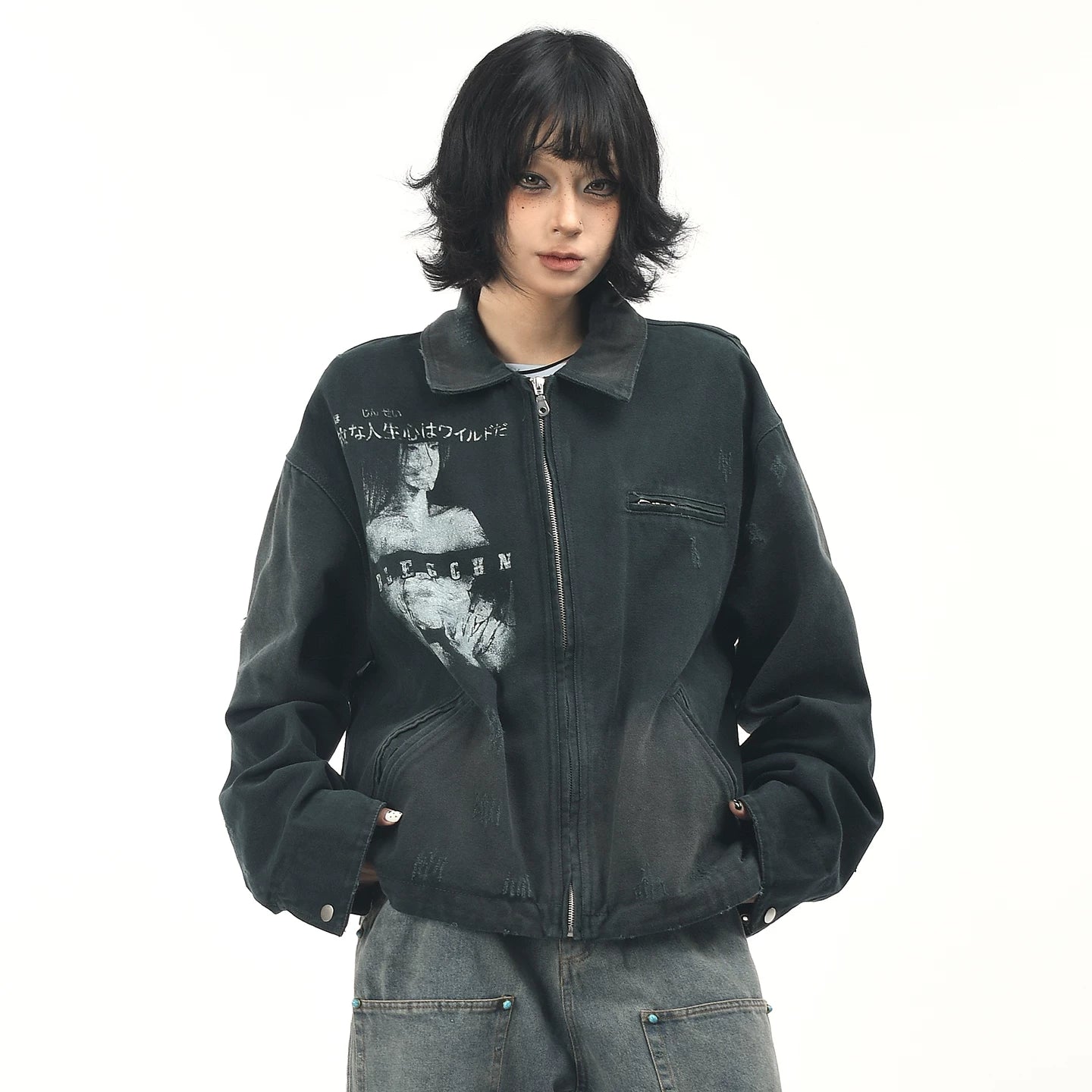 OV original American retro character print distressed washed workwear jacket for men and women in autumn loose collar jacket trend