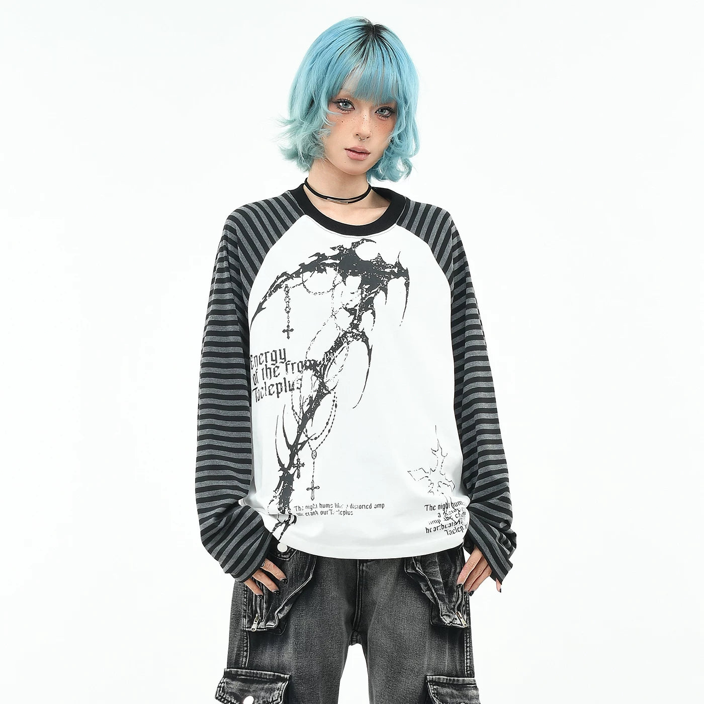 OV original/subculture Gothic style striped contrasting long sleeved T-shirt for men and women in autumn, loose dark raglan top