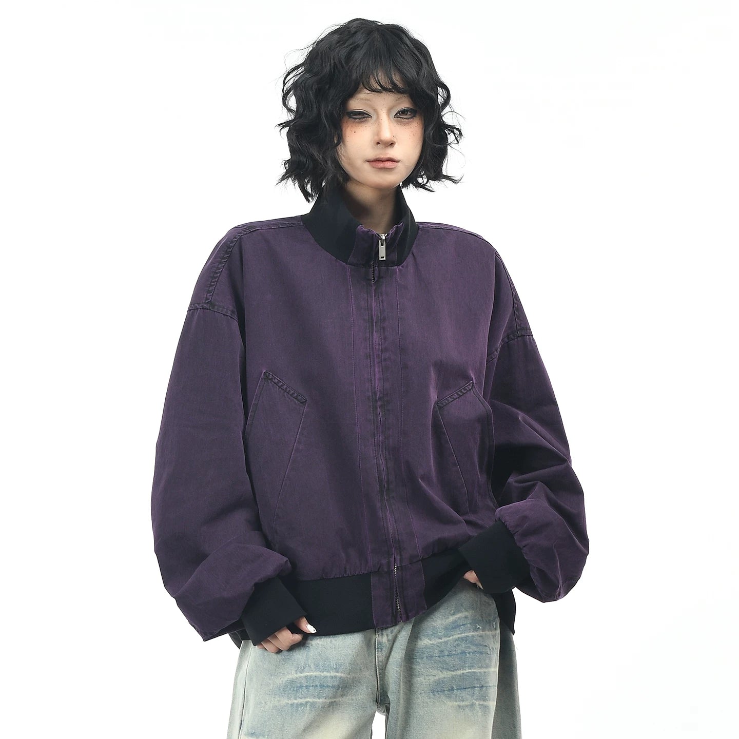 OV original American retro vintage washed baseball jacket, men's and women's spring loose casual stand up collar workwear jacket