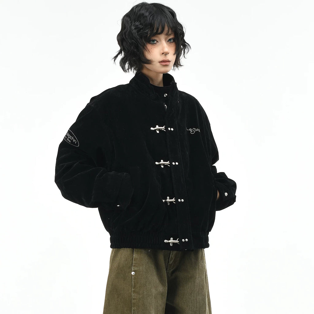 OV Original American Retro Leather Fleece Airplane Buckle Stand up Collar Short Down Jacket Women's Winter Thick Warm Thick Coat