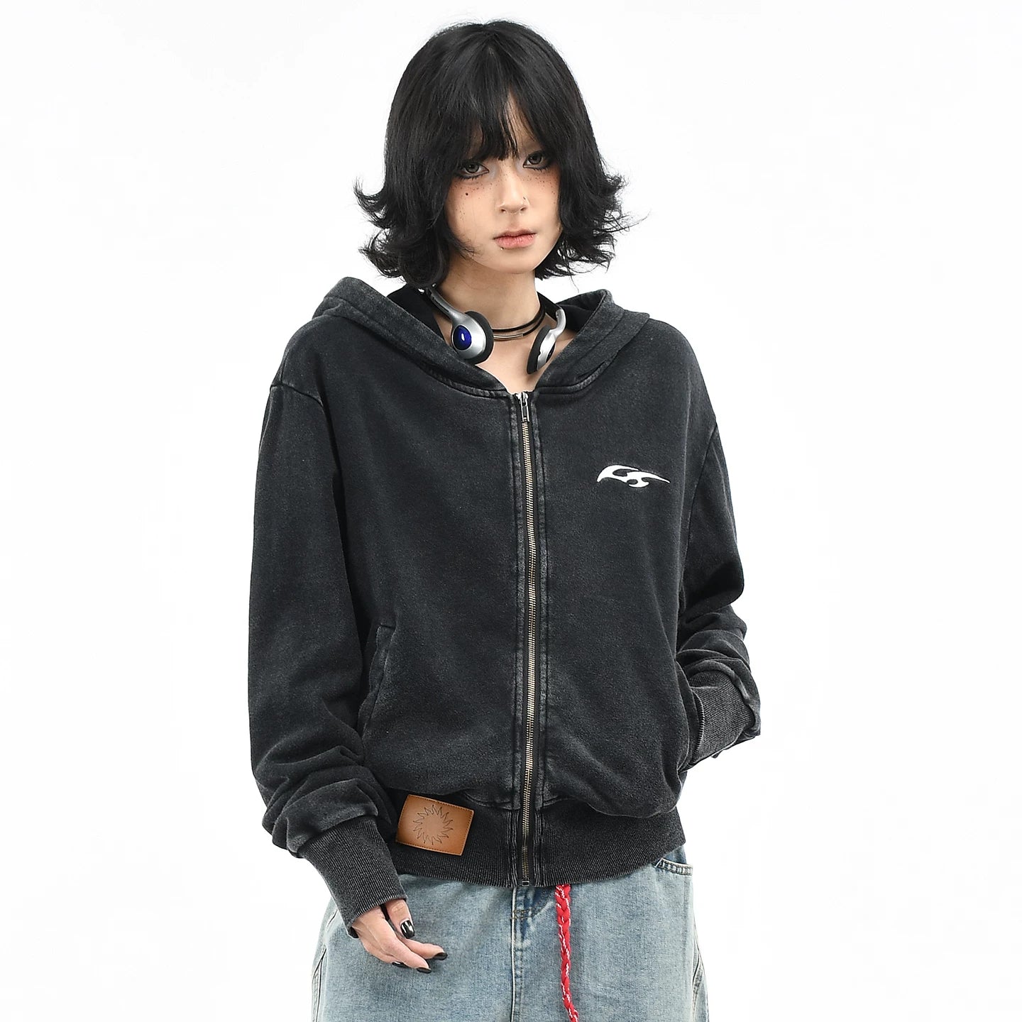 OV original American vintage washed widened thread short hooded sweatshirt for women in autumn, slimming down and waist cinching cardigan jacket