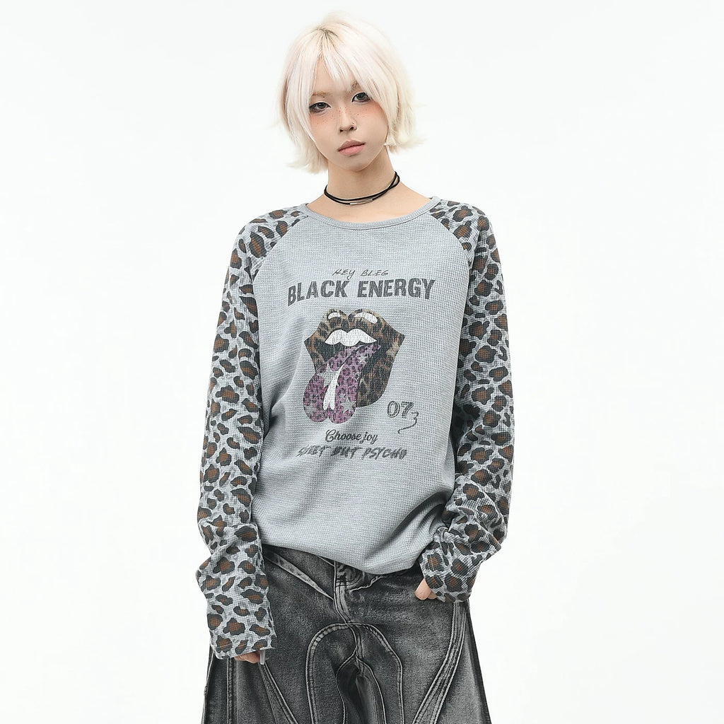 OV original/American style spicy girl leopard print splicing short long sleeved T-shirt for men and women in autumn loose rolling stone print top trend