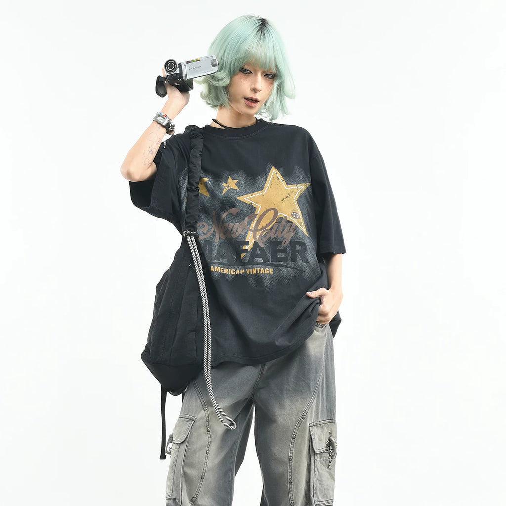 OV original/retro star print tie dye short sleeved T-shirt for women, summer loose round neck trendy brand vintage top for men, boyfriend