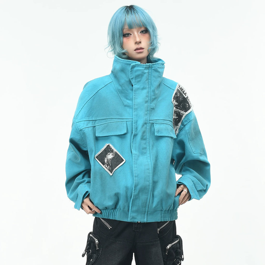 OV Original Waste Soil Wind Dirty Dyeing Doing Old Water Wash Rock Stand up Collar Jacket for Men and Women Autumn Street Loose Short Jacket