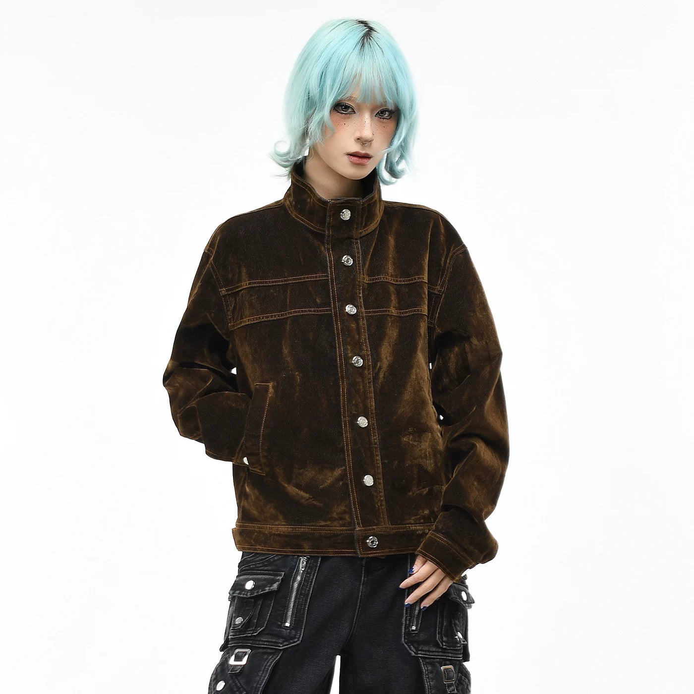 OV Original American Retro Suede Design Denim Jacket for Men and Women in Autumn, Loose Short, Clear Line Stand up Collar, Trendy