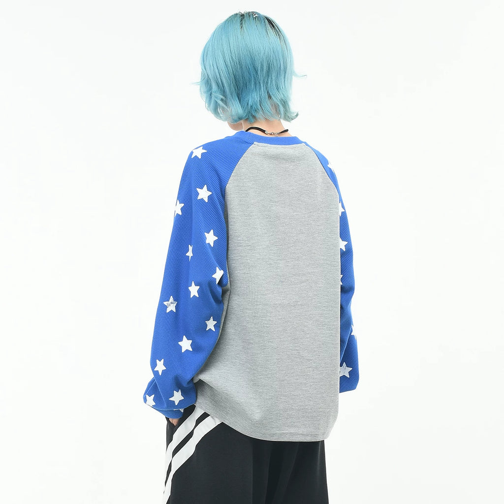 OV Original/Retro Star Full Print Shoulder Sleeve Contrast Long Sleeve T-shirt for Men and Women Autumn Loose Waffle Top Trendy