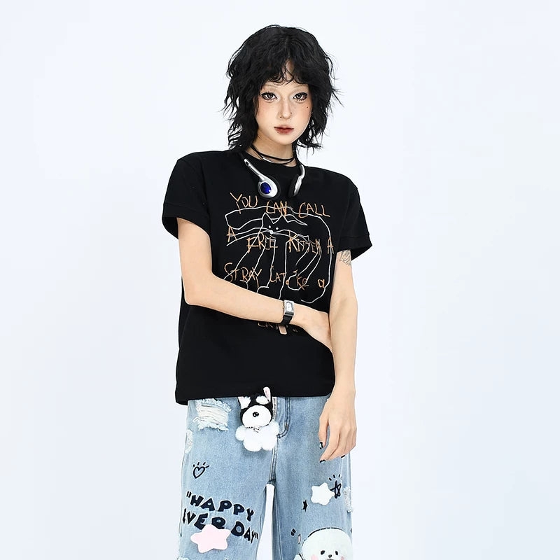 OV Original/Summer American Fun Long Leg Cat Printed Short Sleeve T-shirt for Women Solona Cool Shoulder Top Trendy