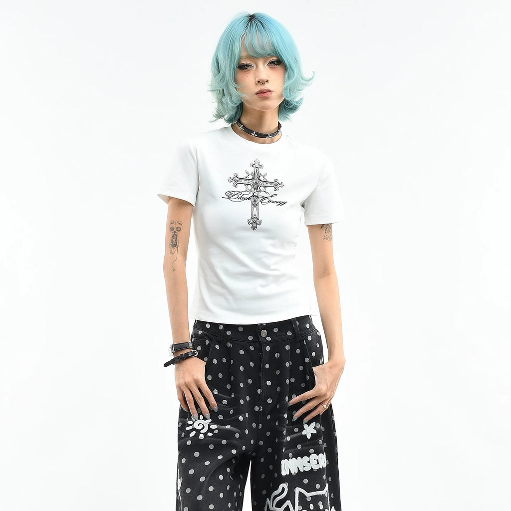 OV original/American style spicy girl cross print short sleeved T-shirt for women's summer slim fit short cut, slimming up straight shoulder top