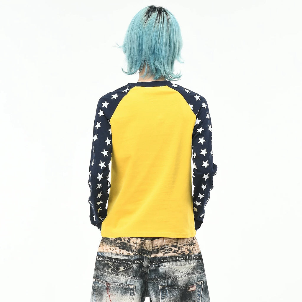 OV Original/American Trendy Brand Star Full Print Color Contrasting Long sleeved T-shirt for Women in Autumn, Slim fit Short, Cudgelet Top Trendy