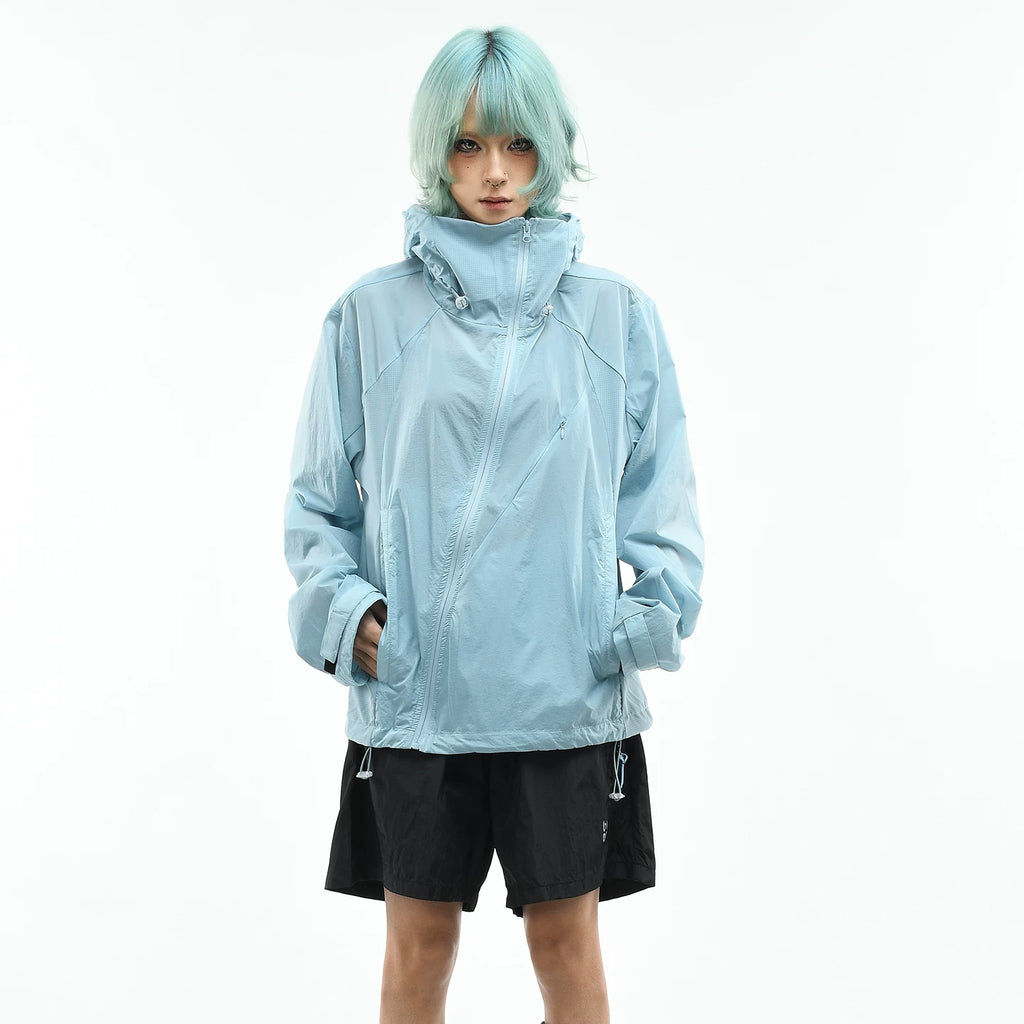 OV original diagonal zipper design outdoor hooded sunscreen jacket for women, summer loose breathable quick drying sunscreen jacket for men