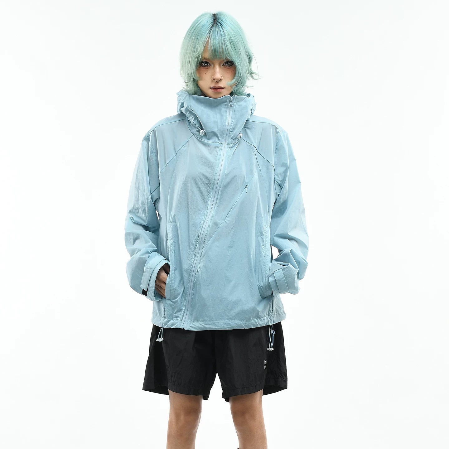 OV original diagonal zipper design outdoor hooded sunscreen jacket for women, summer loose breathable quick drying sunscreen jacket for men