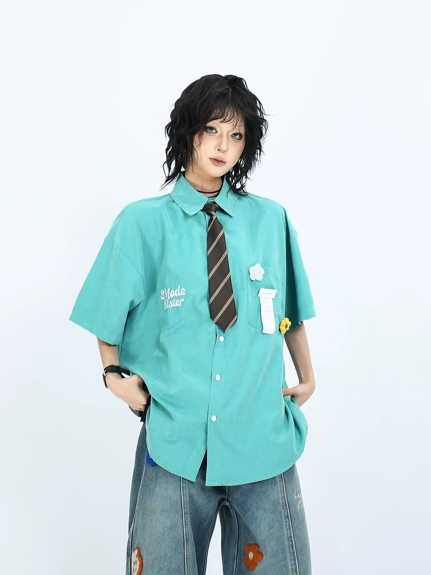 OV original summer American college style tie design short sleeved shirt for men and women loose casual versatile couple shirt